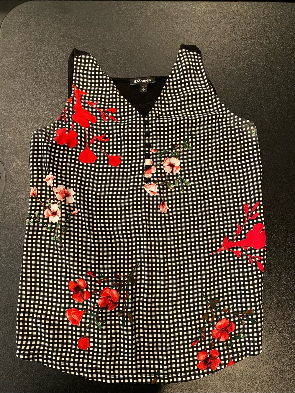 Express Black & White Gingham Sleeveless Top with Red Floral Accents